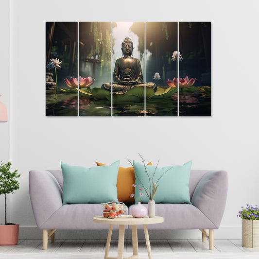 Meditating Budha With Lotus Flower Painting with Set of 5 Frame Big Size (24x40) Multiple Frames Buddha Wall Art Painting