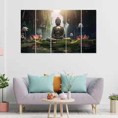 Meditating Budha With Lotus Flower Painting with Set of 5 Frame Big Size (24x40) Multiple Frames Buddha Wall Art Painting