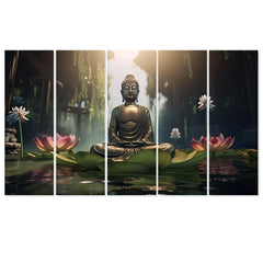 Meditating Budha With Lotus Flower Painting with Set of 5 Frame Big Size (24x40) Multiple Frames Buddha Wall Art Painting