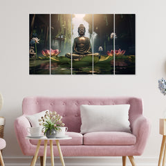 Meditating Budha With Lotus Flower Painting with Set of 5 Frame Big Size (24x40) Multiple Frames Buddha Wall Art Painting