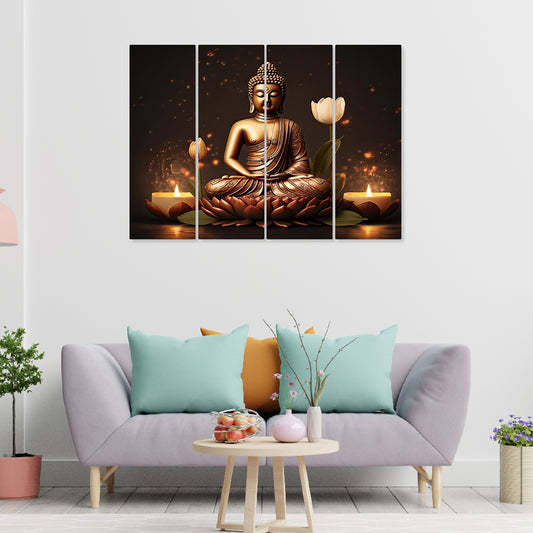 Lord Budha Meditating Wall Painting with Set of 4 frame Big Size (24x32) Multiple Frames Buddha Canvas Wall Art Painting