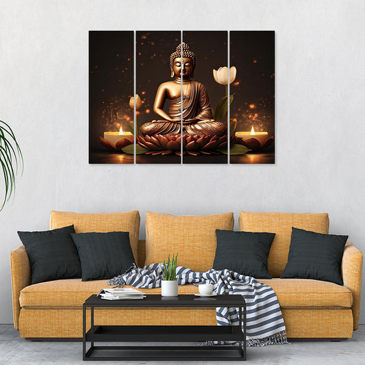 Lord Budha Meditating Wall Painting with Set of 4 frame Big Size (24x32) Multiple Frames Buddha Canvas Wall Art Painting