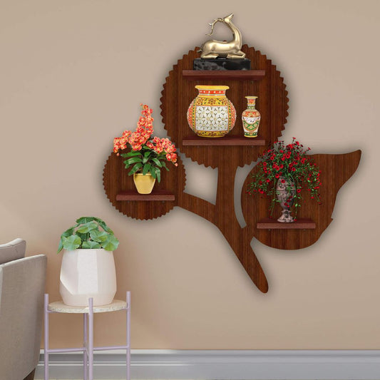 Designer Flower Creative Shape Wooden LED Light Wall Shelf with Walnut Finish