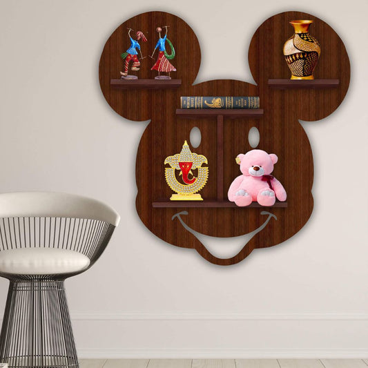 Mickey Mouse Face Creative Shape Wooden LED Light Wall Shelf with Walnut Finish