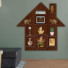 Hut Shape Wooden Wall Storage Designer Shelves with LED Light Walnut Finish