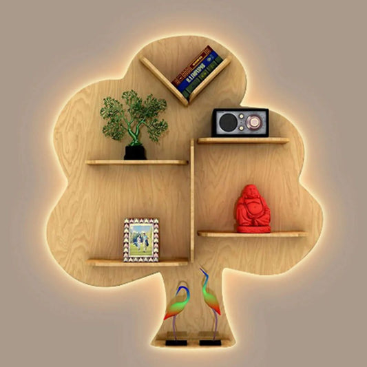 Creative Tree Backlit Designer Wooden Wall Shelf / Book Shelf / Night Light, Light Oak Finish