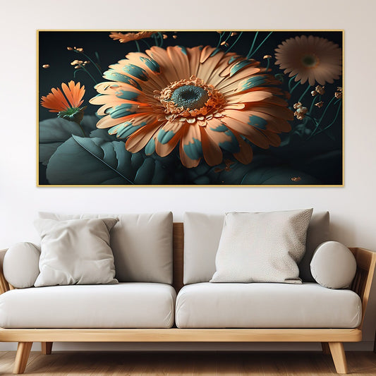 Ethereal Bloom Peach Flower and green leaf Vibrant Blue and Orange Floral Canvas Art Elegant Floating Frame Wall Paintings