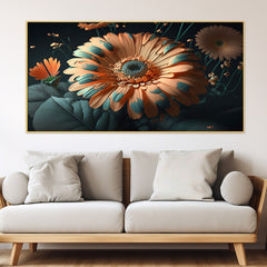 Ethereal Bloom Peach Flower and green leaf Vibrant Blue and Orange Floral Canvas Art Elegant Floating Frame Wall Paintings