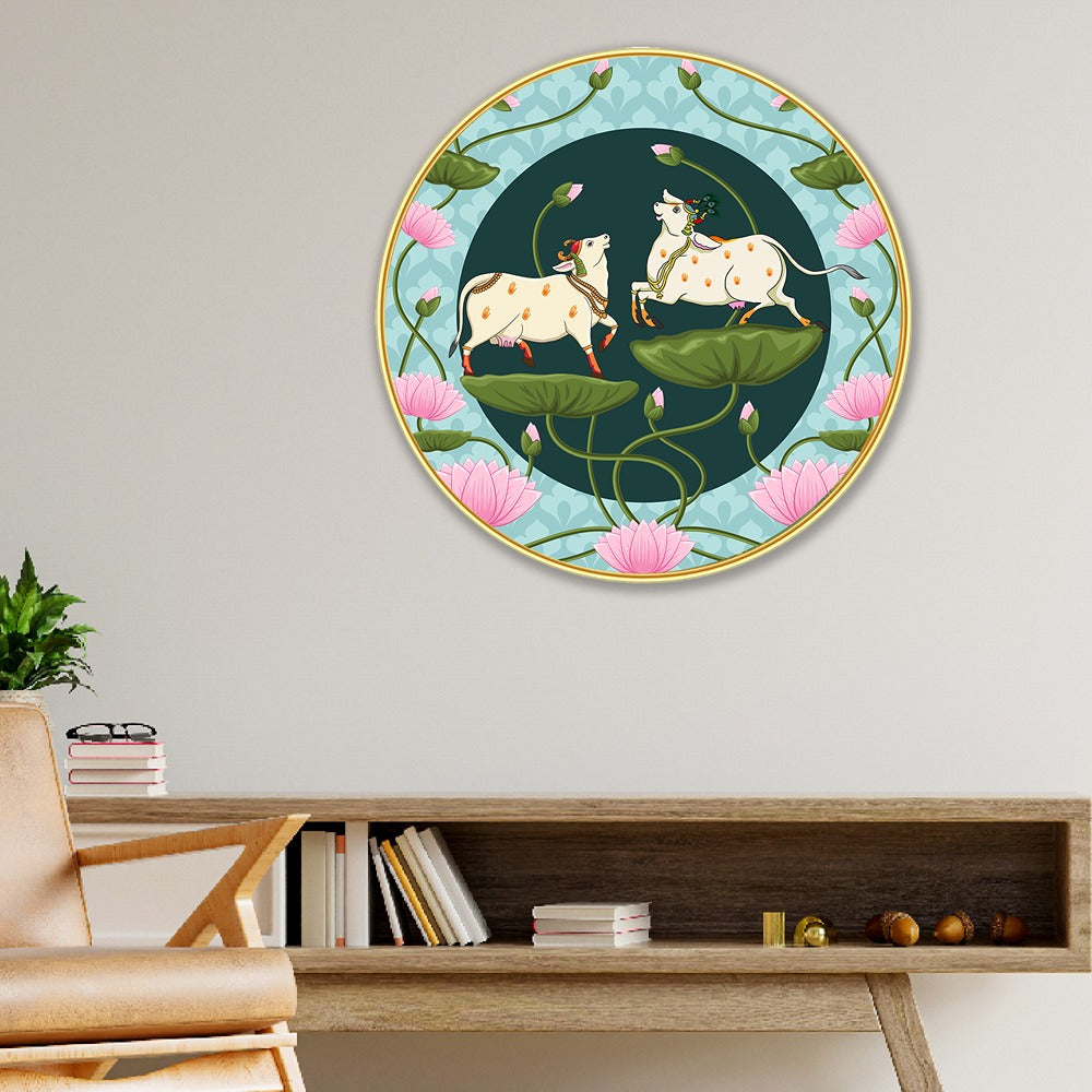DEKORSTATION Couple Cow Pichwai Painting | Premium Modern Art Wall Decor with Sparkle Lamination | Golden Slim Frame | Finished Surface | 12 x 12 Inch | Home, Office & Hotel DŽcor