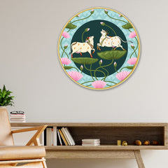 DEKORSTATION Couple Cow Pichwai Painting | Premium Modern Art Wall Decor with Sparkle Lamination | Golden Slim Frame | Finished Surface | 12 x 12 Inch | Home, Office & Hotel DŽcor