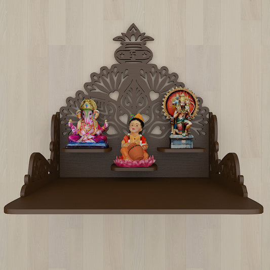 Beautiful Wall Hanging Wooden Temple/ Pooja Mandir Design With Shelf, Brown Color (DS011)