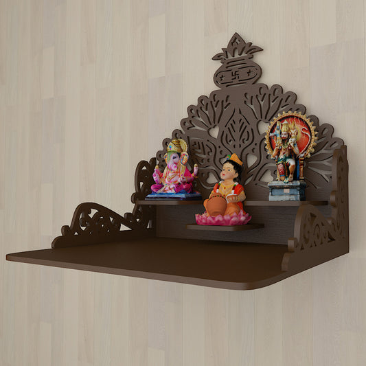 Beautiful Wall Hanging Wooden Temple/ Pooja Mandir Design With Shelf, Brown Color (DS011)