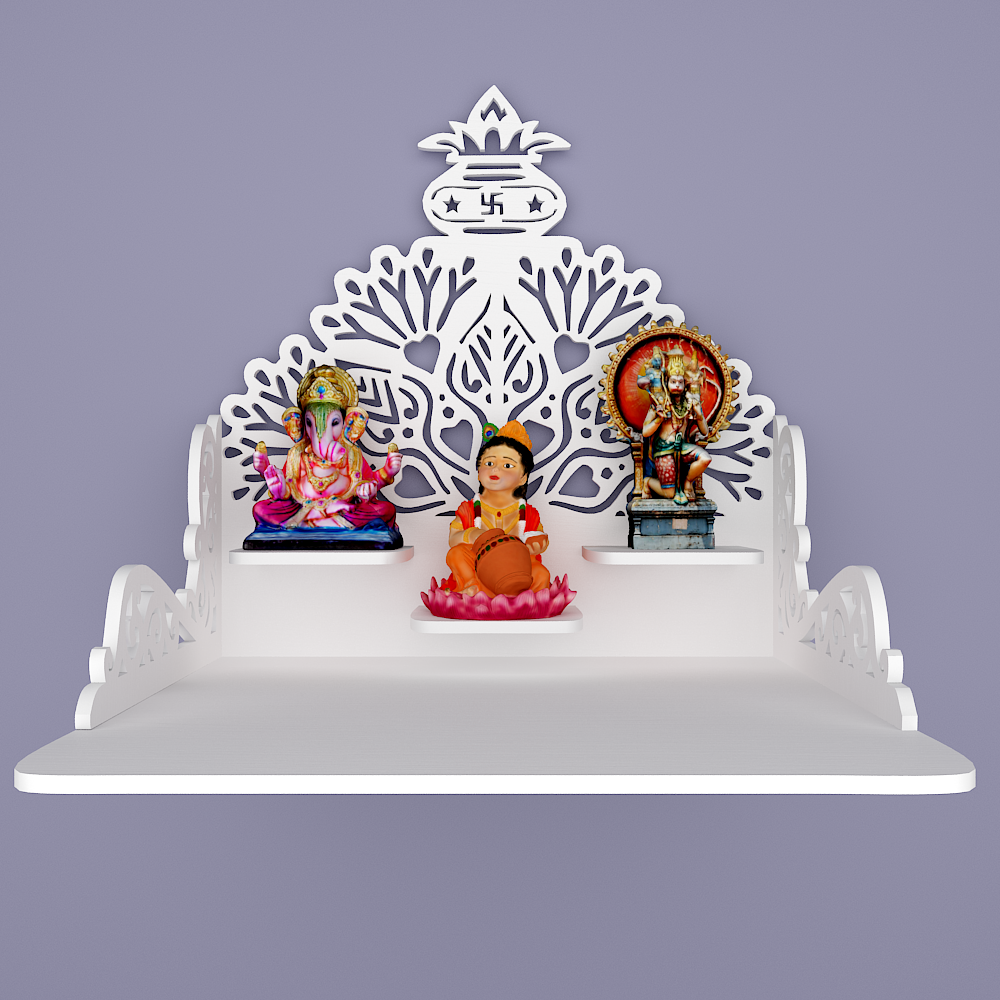 Beautiful Wall Hanging Wooden Temple/ Pooja Mandir Design with Shelf, White Color (DS013)