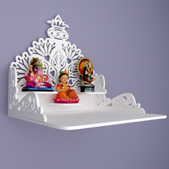 Beautiful Wall Hanging Wooden Temple/ Pooja Mandir Design with Shelf, White Color (DS013)