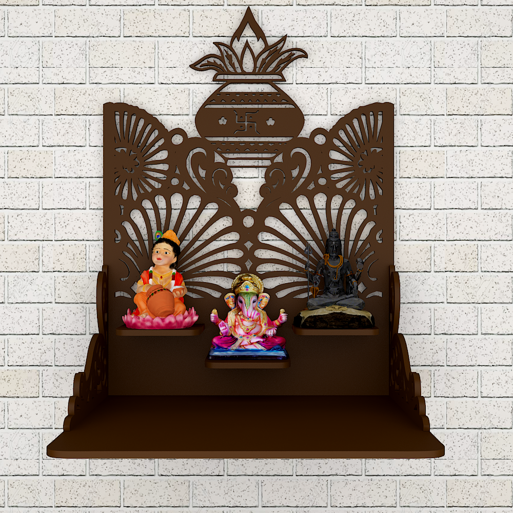 Beautiful Wall Hanging Wooden Temple/ Pooja Mandir Design With Shelf, Brown Color (DS014)