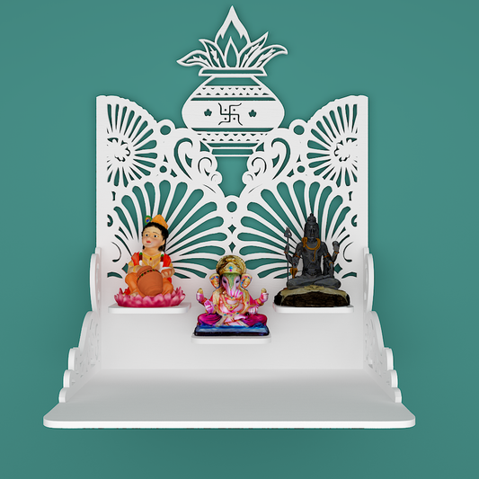 Beautiful Wall Hanging Wooden Temple/ Pooja Mandir Design with Shelf, White Color (DS016)