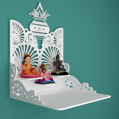 Beautiful Wall Hanging Wooden Temple/ Pooja Mandir Design with Shelf, White Color (DS016)