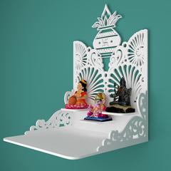 Beautiful Wall Hanging Wooden Temple/ Pooja Mandir Design with Shelf, White Color (DS016)