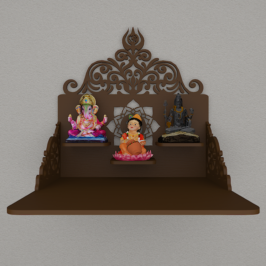 Beautiful Wall Hanging Wooden Temple/ Pooja Mandir Design With Shelf, Brown Color (DS017)