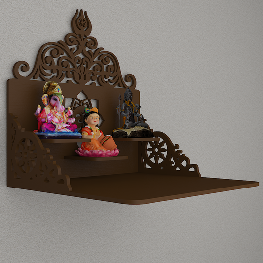 Beautiful Wall Hanging Wooden Temple/ Pooja Mandir Design With Shelf, Brown Color (DS017)