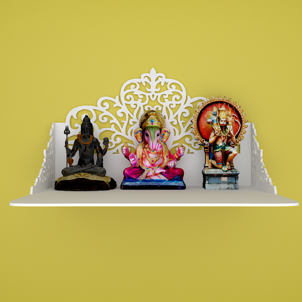 Beautiful Wall Hanging Wooden Temple/ Pooja Mandir Design with Shelf, White Color (DS022)