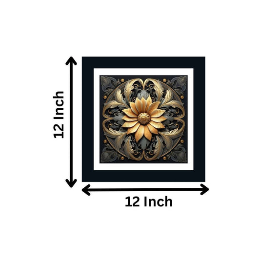 Golden Flower Mandala Art Wall Painting/Art Print/Poster Frame For Living Room, Bedroom, Office, Home Decoration Item / Black Frame for Wall Décor Size: 12 x 12 Inch