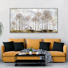 Tranquility Modern Golden Tree and Deer Floating Frame Canvas Wall Painting