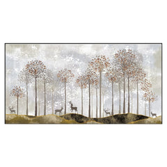 Tranquility Modern Golden Tree and Deer Floating Frame Canvas Wall Painting